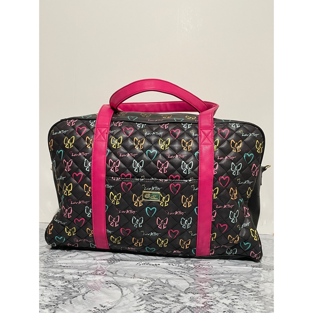Luv Betsey Johnson Quilted Duffel Bag Black Neon Hearts Bows Travel Weekender